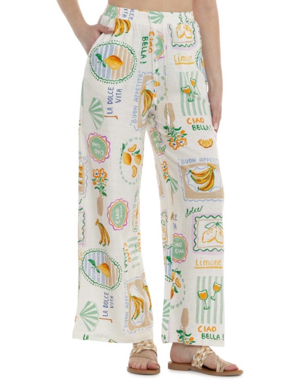 Label of Love Anthropologie Pants Size M Lemon Print La Dolce Vita Linen Blend